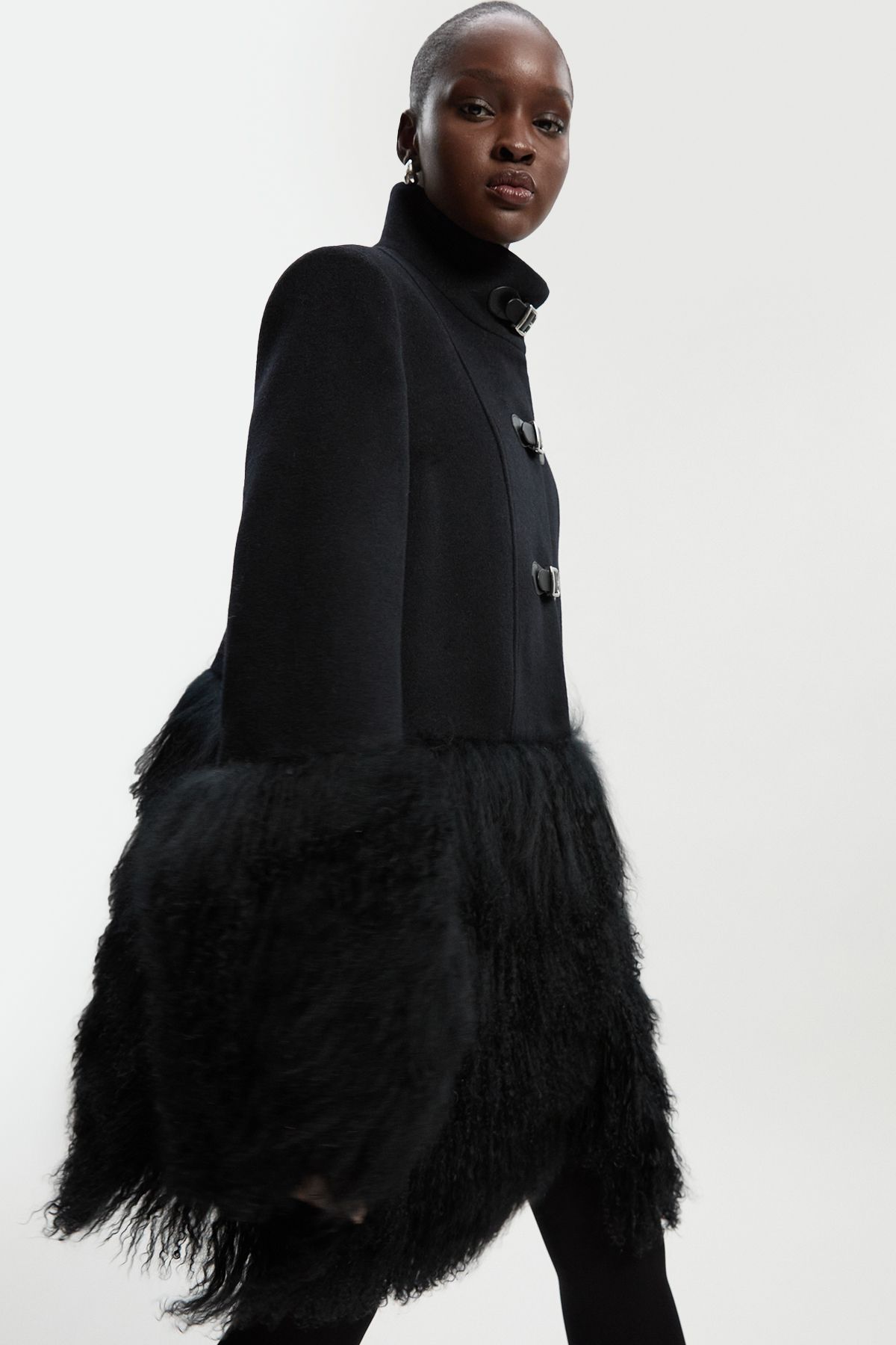 KarenMillen Brushed Wool And Shearling Buckle Detail Short Tailored Coat
