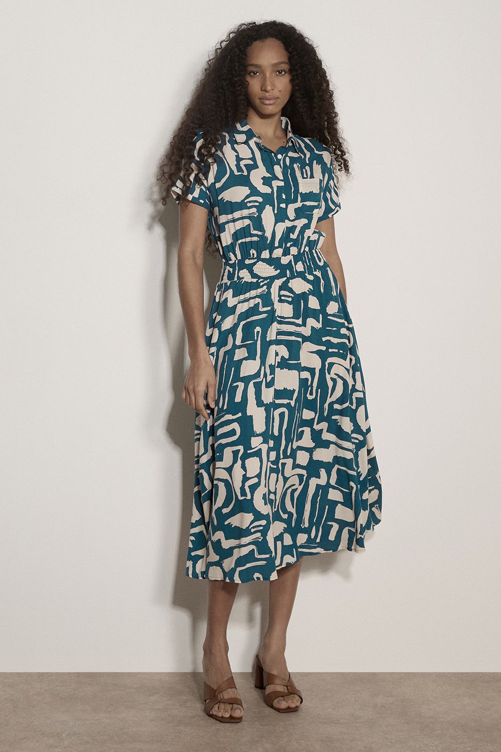 Apricot Geo Grecian Shirt Midi Dress
