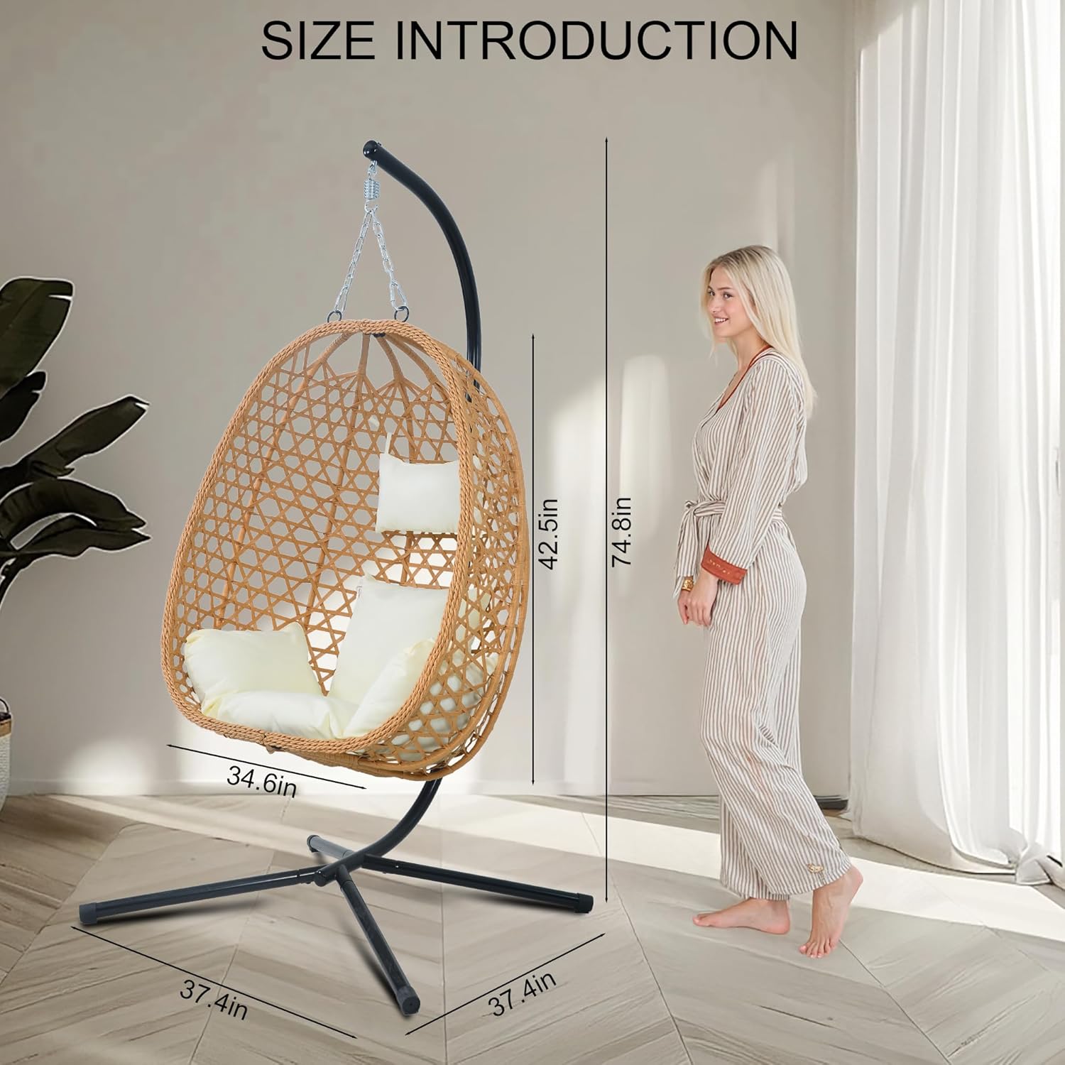Hanging Egg Chair with Stand & Cushions - All-Weather Rattan Swing Chair for Patio, Balcony, Garden (Modern Boho Design, Ready-to-Use Indoor Outdoor)-Beige