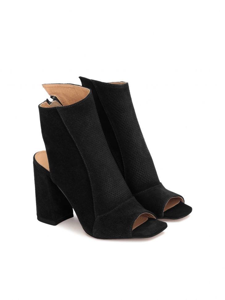 Suede booties on a wide heel with an open toe and heel