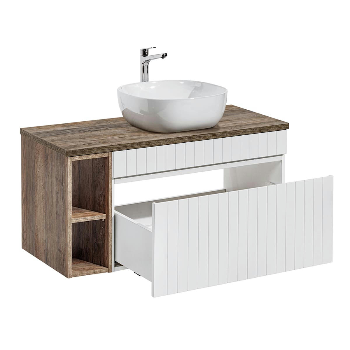 - Meuble simple vasque 100cm 2 niches blanc et naturel