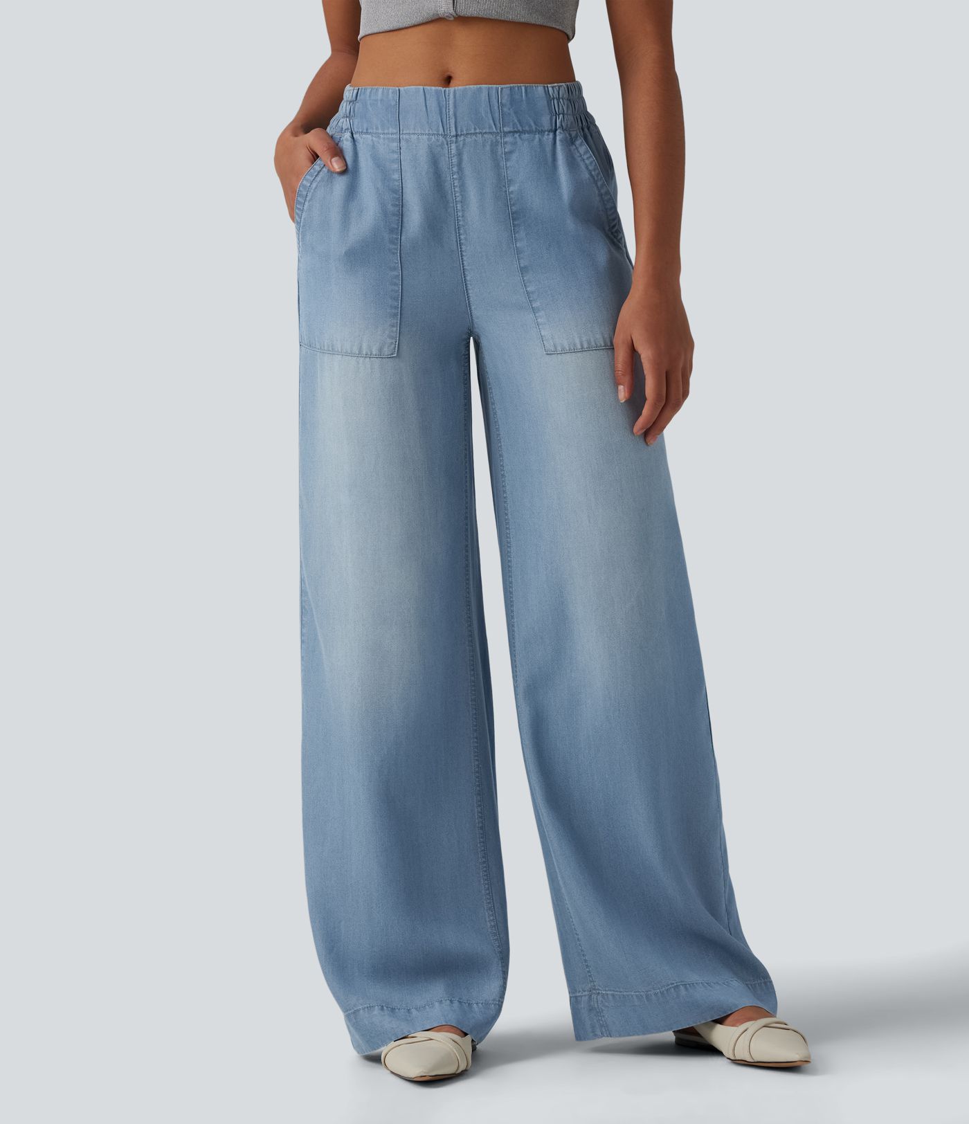 Jean large décontracté taille mi-haute en lyocell drapé avec poches