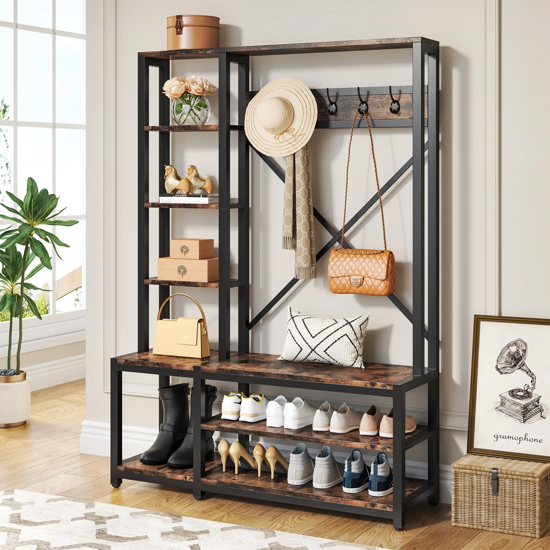 Hall Tree with Storage Shelf and 5 Hooks