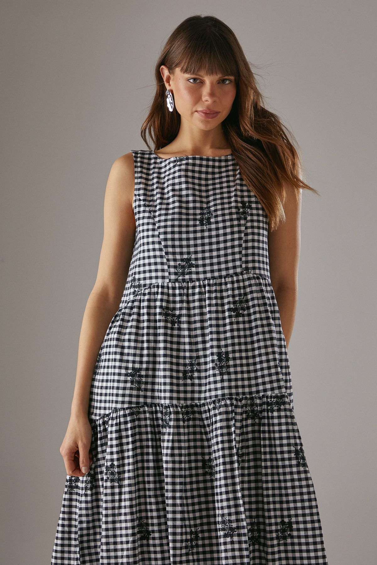 Warehouse Embroidered Gingham Sleeveless Midi Sundress