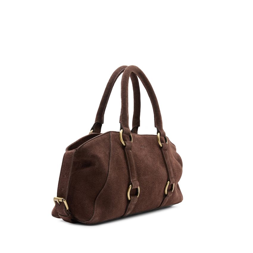 Manfield Donkerbruine suède handtas met gouden ringen