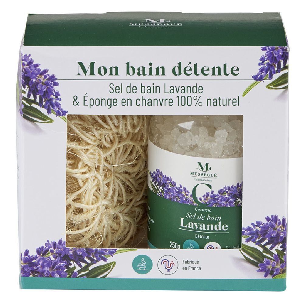 Coffret Mességué sel de bain lavande et éponge chanvre 100% naturel