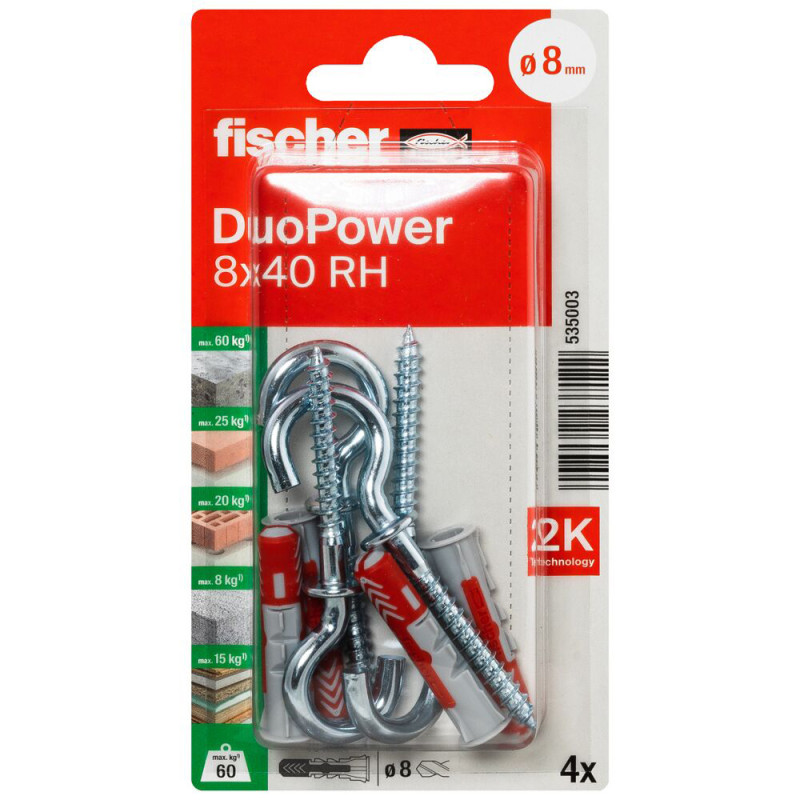 Cheville DuoPower RH en nylon avec collerette et crochet rond Ø 8 x 40 mm 4 pièces