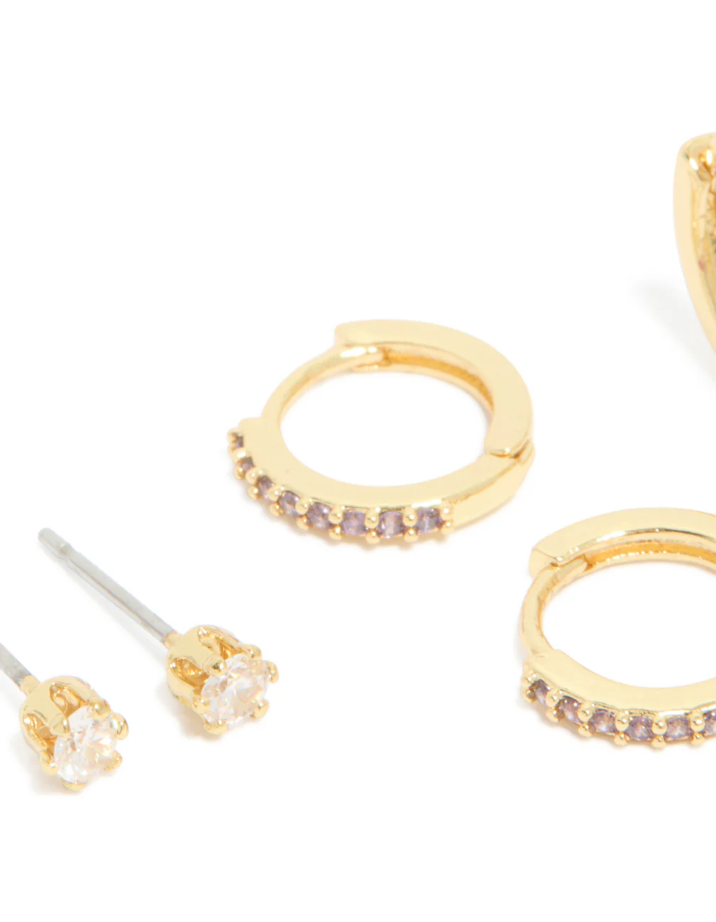 Gold Plated Brass Amethyst Cubic Zirconia February Birthstone Earrings 4-Pack