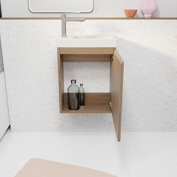 Meuble Lave Mains Décor Bois 40x50x22 cm avec Vasque en SMC Blanche - ELEMENTARY