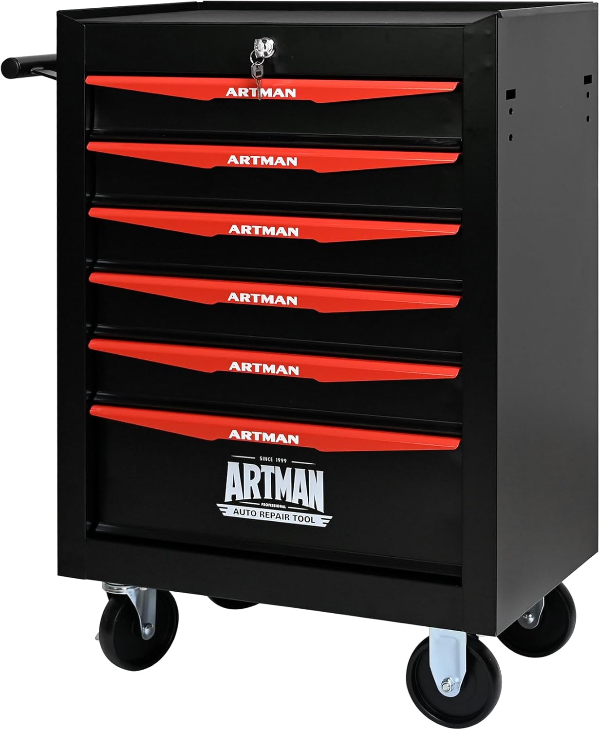 6 Drawers Rolling Tool Box, Tool Cart with 7 Tool Storage Boxes, Multifunctional Tool Chest with Wheels, Lockable Tool Trolley Organizer for Garage Workshop Warehouse Repair Shop, Black+Red