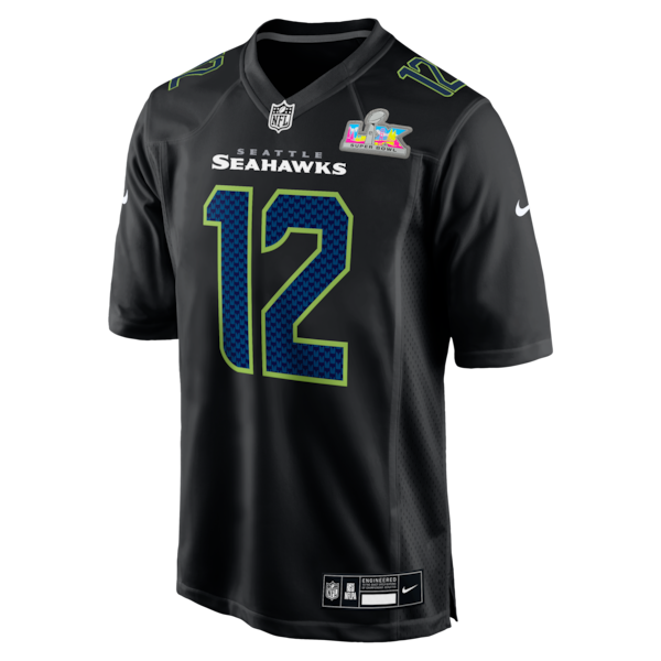 Men's Seattle Seahawks 12s Nike Black Super Bowl LX Patch Carbon Fashion Game Jersey