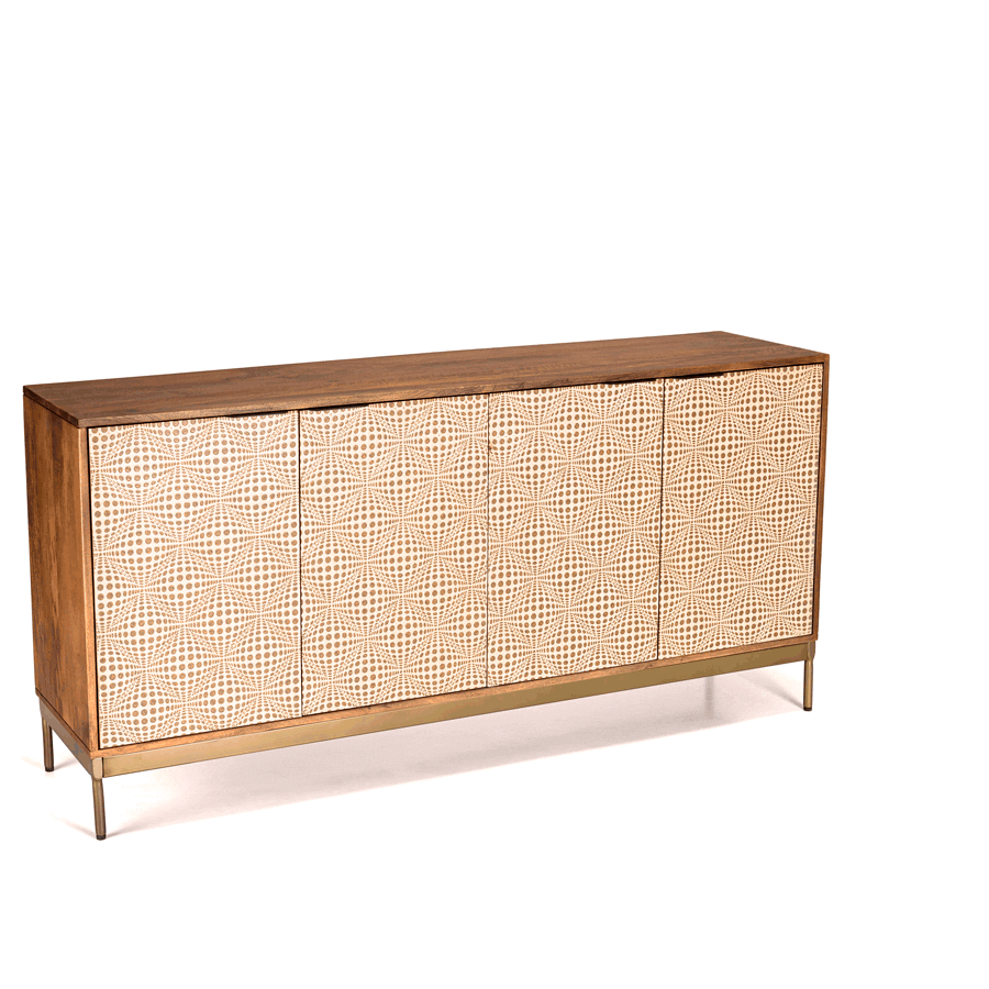 Buffet vintage manguier 4 portes motifs losanges pieds métal doré KANHA