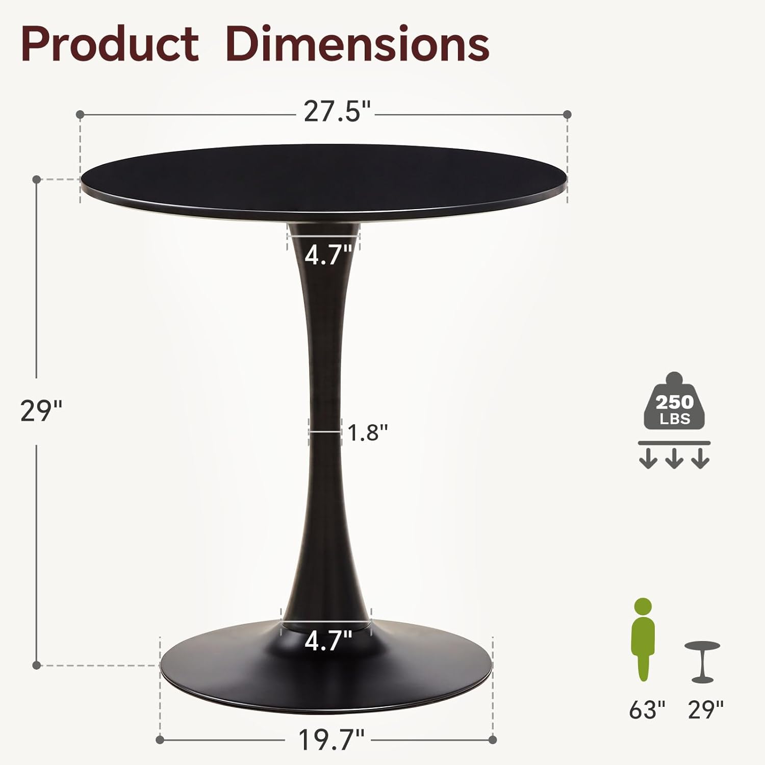 Round Dining Table 27.5 Black Tulip Table with Pedestal Base for 2-4 People Small Space - Kitchen Living Room Cafe