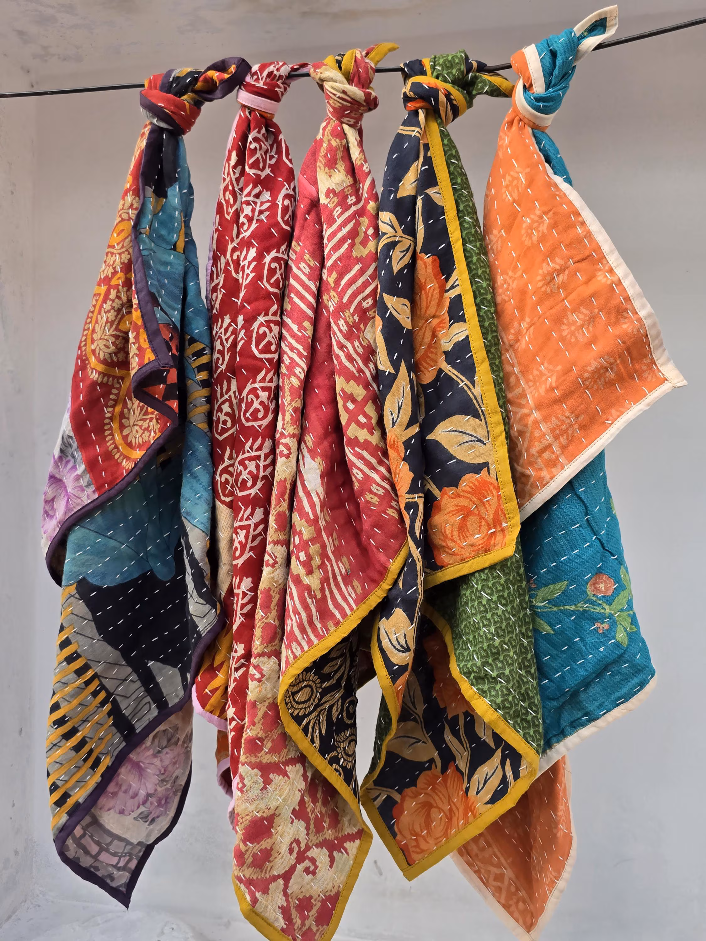 Kantha Kitchen Towel Set of 5 – Bright Colorful Cotton Tea Towels for Kitchen Use & Housewarming Gift Assorted