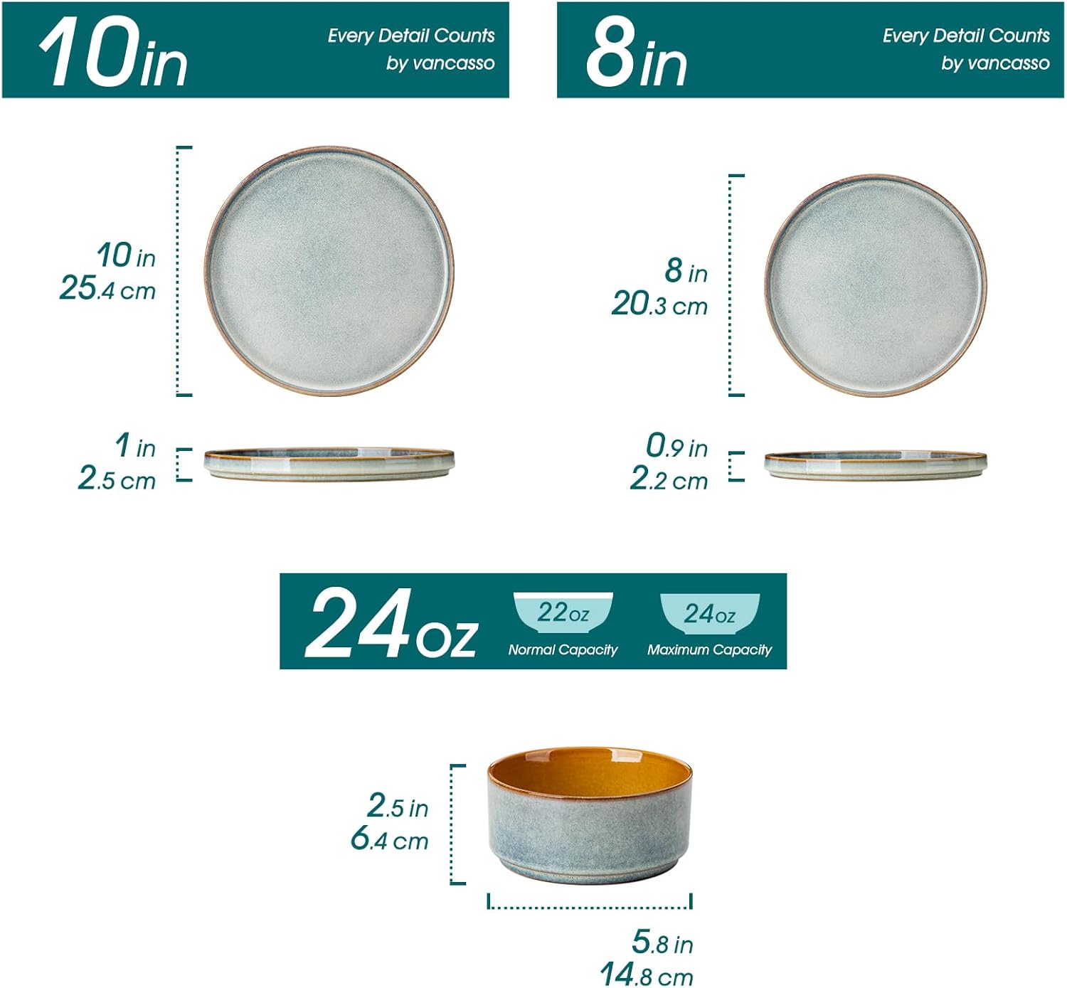 vancasso ONION Ceramic Plates and Bowls Sets, 24 Pieces Light Blue Dinnerware Sets for Kitchen, Reactive Glaze Dishes Set for 8, Dishwasher and Microwave Safe