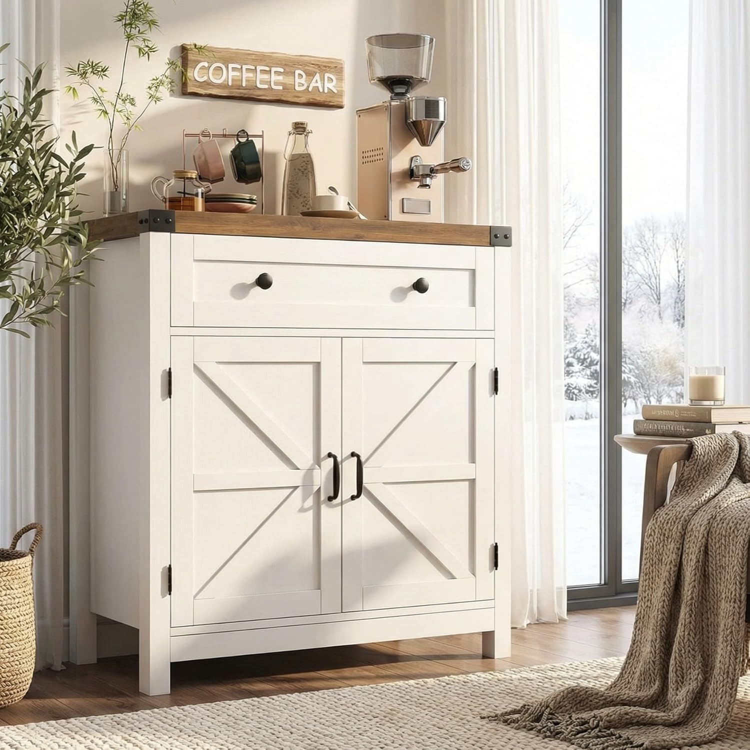 HOSTACK Coffee Bar Cabinet, Kitchen Storage Cabinet, Modern Farmhouse Buffet Sideboard with Drawer and Adjustable Shelf, Barn Door Accent Cabinets for Kitchen, Dining Room, Entryway, White