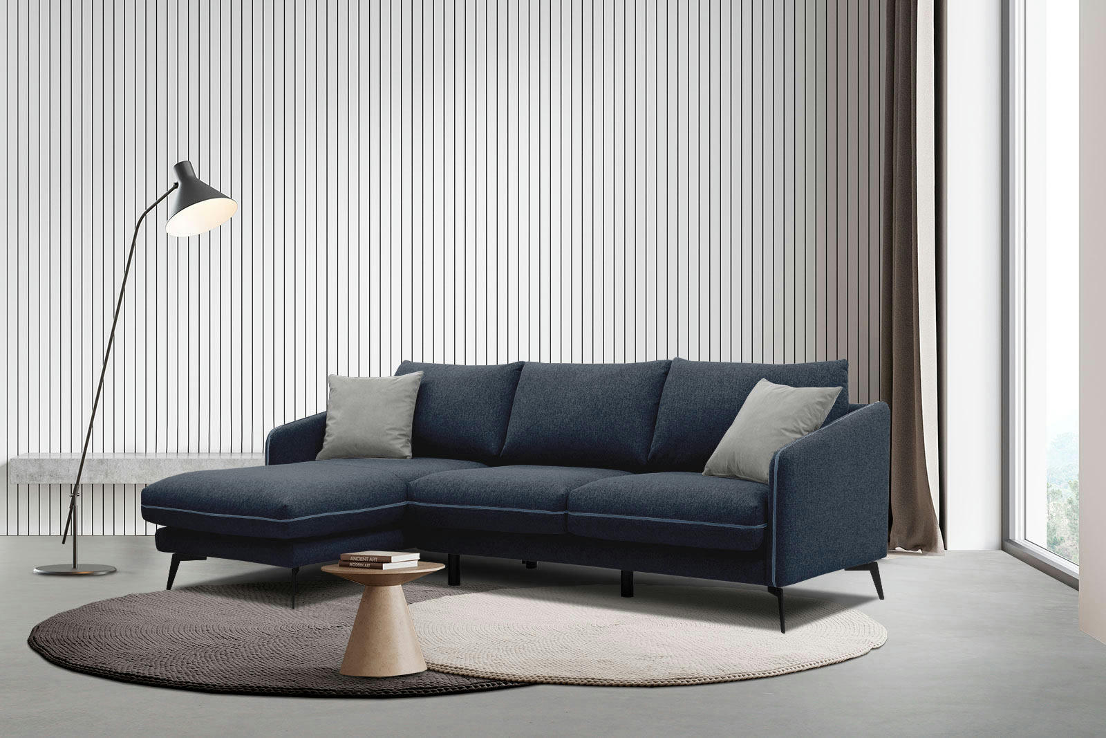 SOGEL - Canapé d'angle gauche 4 places tissu bleu foncé