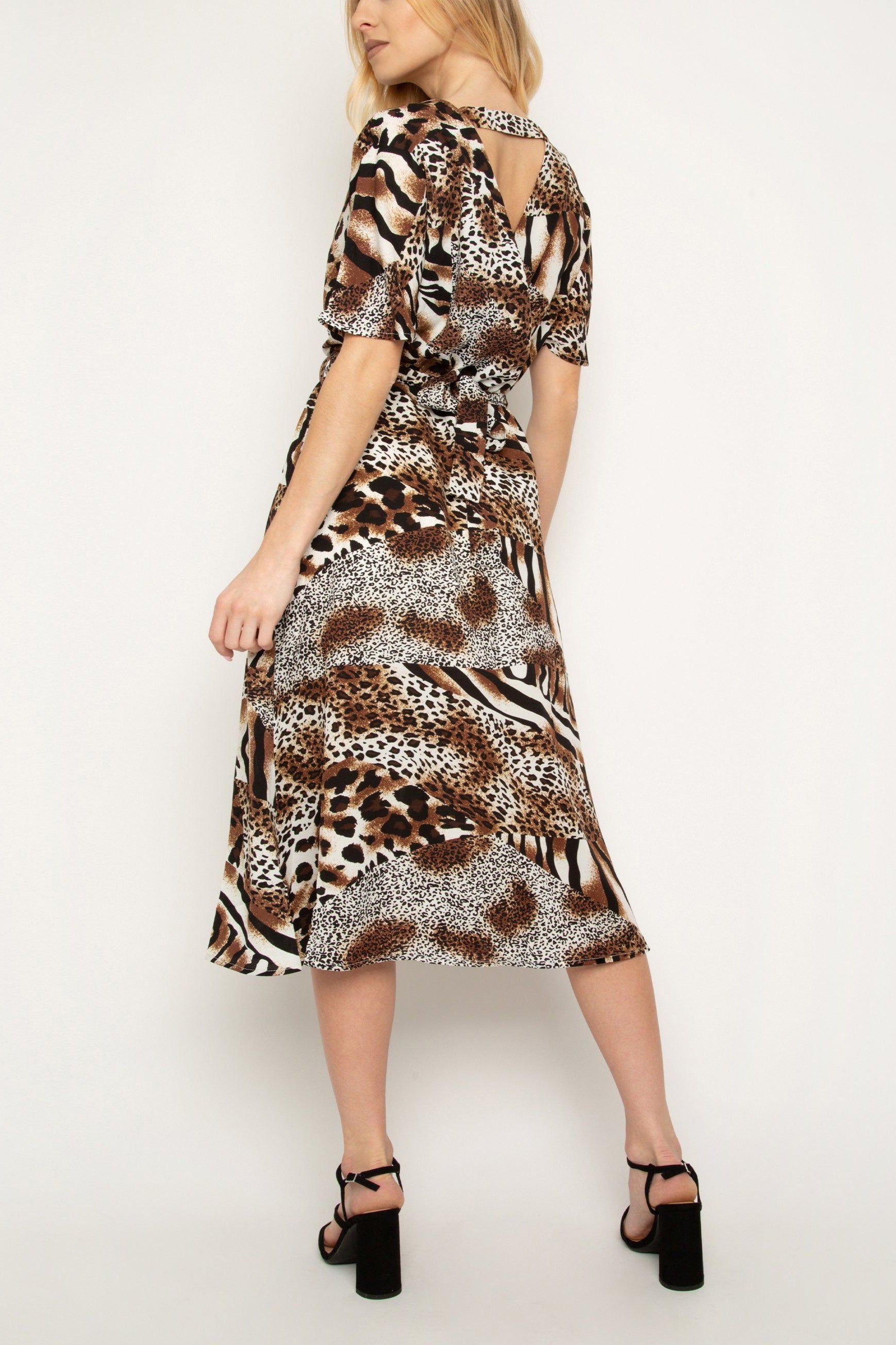 Cutie London Brown Black V Neck Animal Print Midi Dress