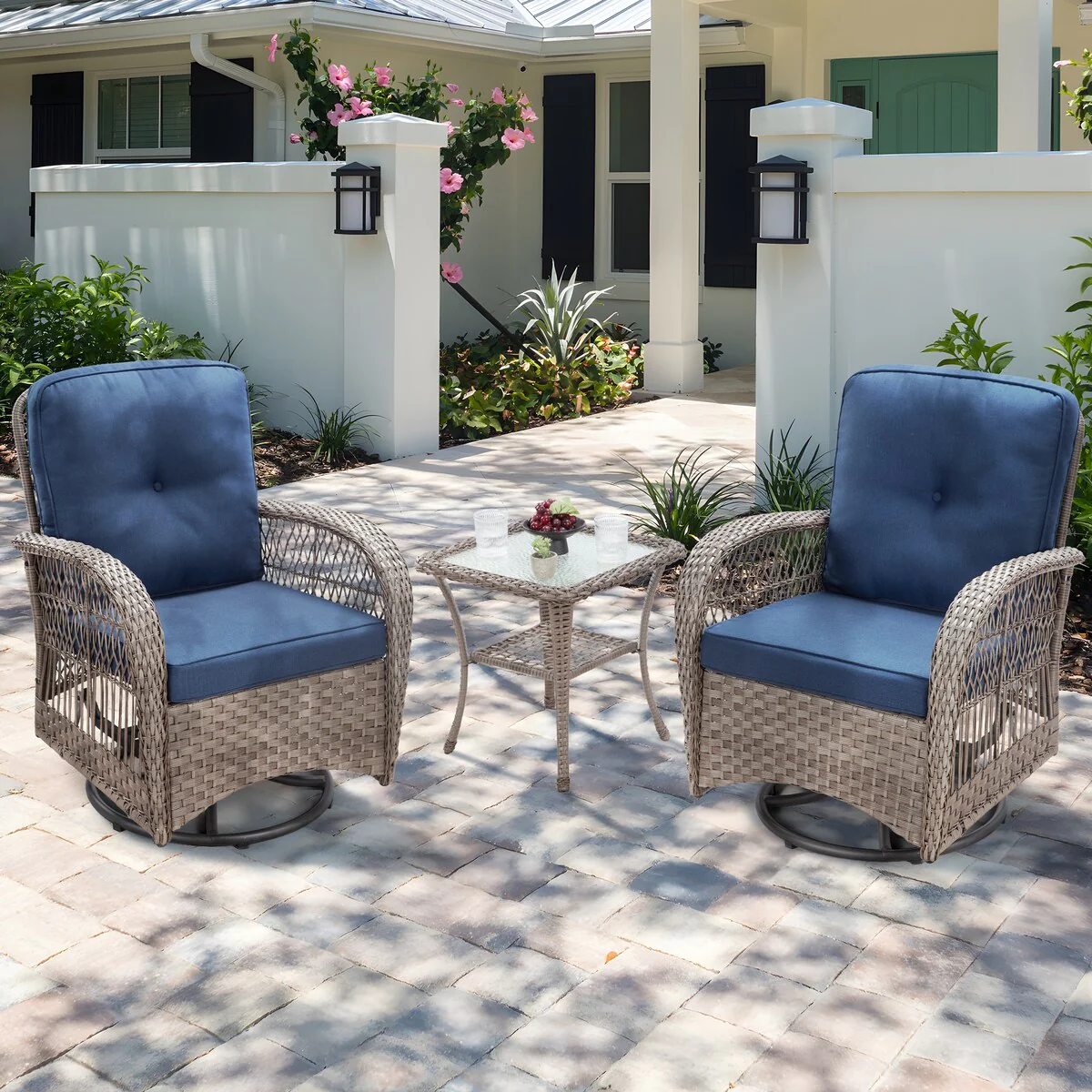 Cozywor 3-Piece Wicker Outdoor Patio Swivel Rocking Chair Set