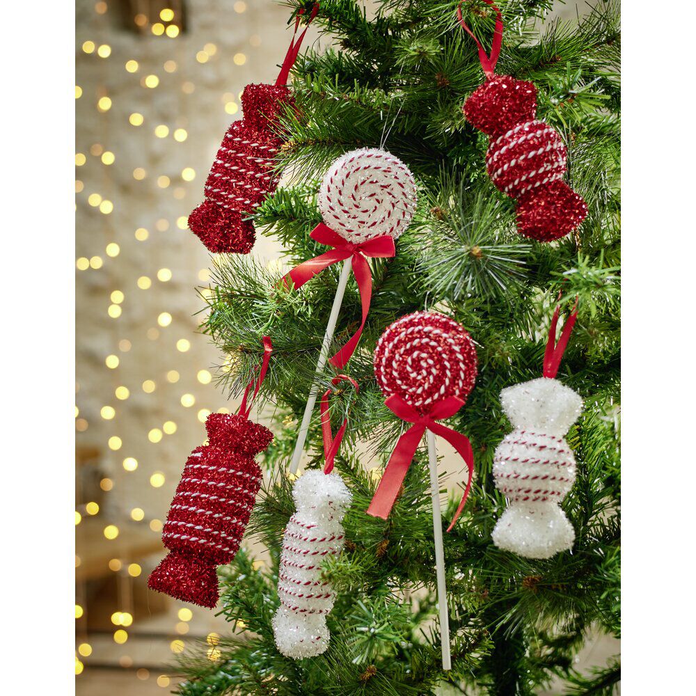 Kit décoration sapin de No&euml;l forme bonbon rouge et blanc pailleté 8 pièces