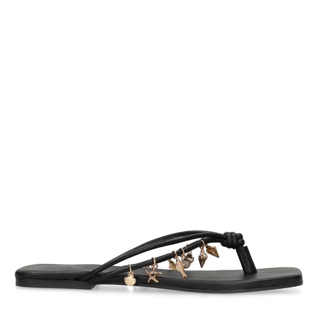 Zwarte leren slippers met goudkleurige charms