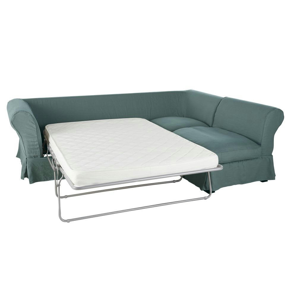 Roma - Housse de canapé d'angle convertible en lin froissé bleu céladon