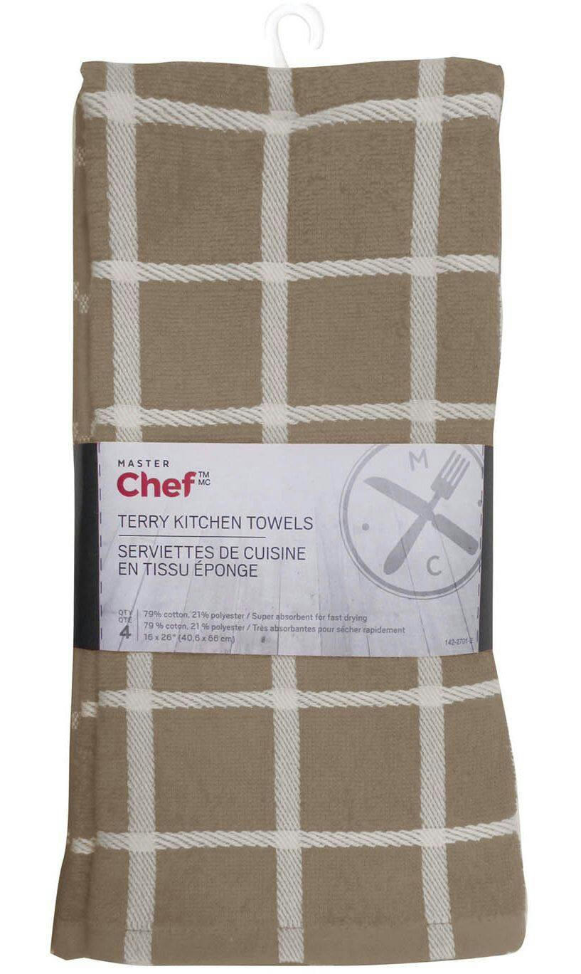 MASTER Chef Terry Cotton Checkered Kitchen Towels, Reusable, 16-in x 26-in, 4-pk, Brown/White