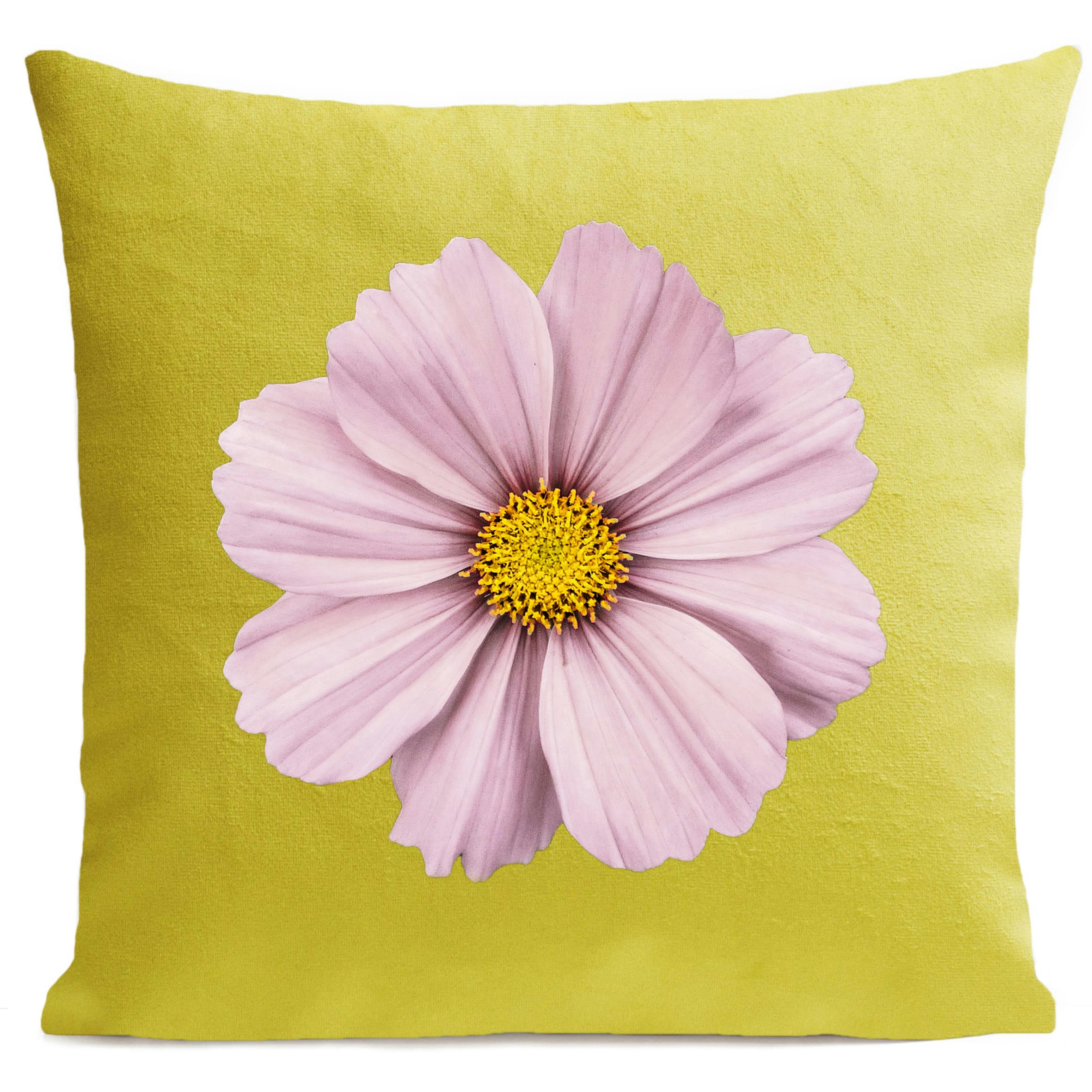 - Coussin fleur rose suédine jaune 40x40cm