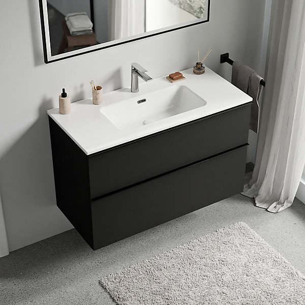 Meuble vasque suspendu MDF Noir mat, lavabos Blanc brillant   trou robinet, poignée Anthracite mat - 81x64x47cm - LAVOA