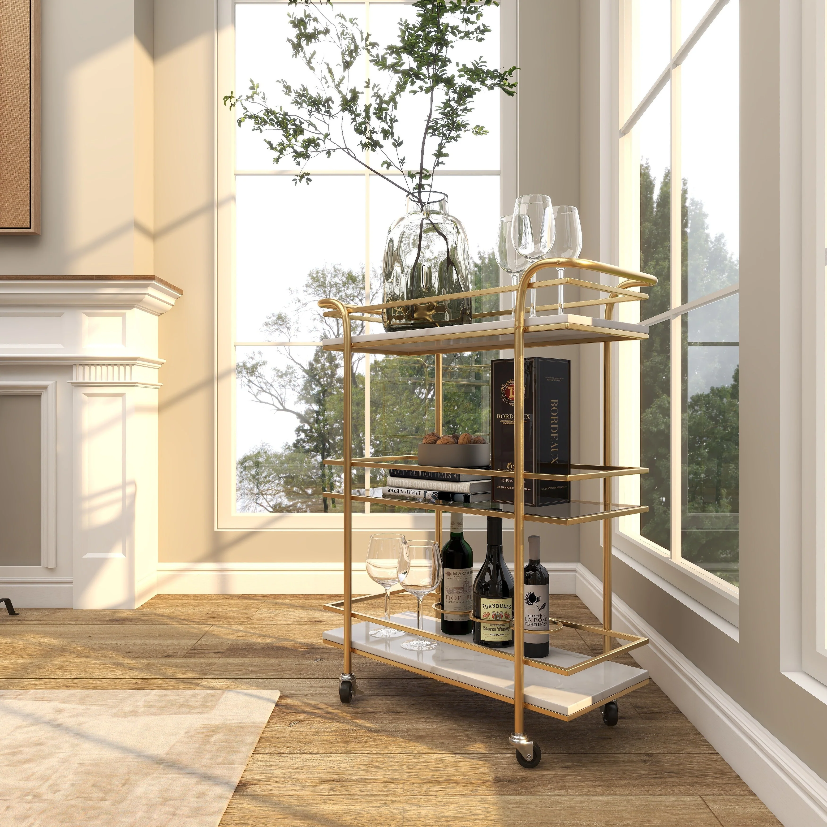 Marble Rolling 1 Glass and 2 Marble Shelves Bar Cart with Handles - Gold - Roche River Decor