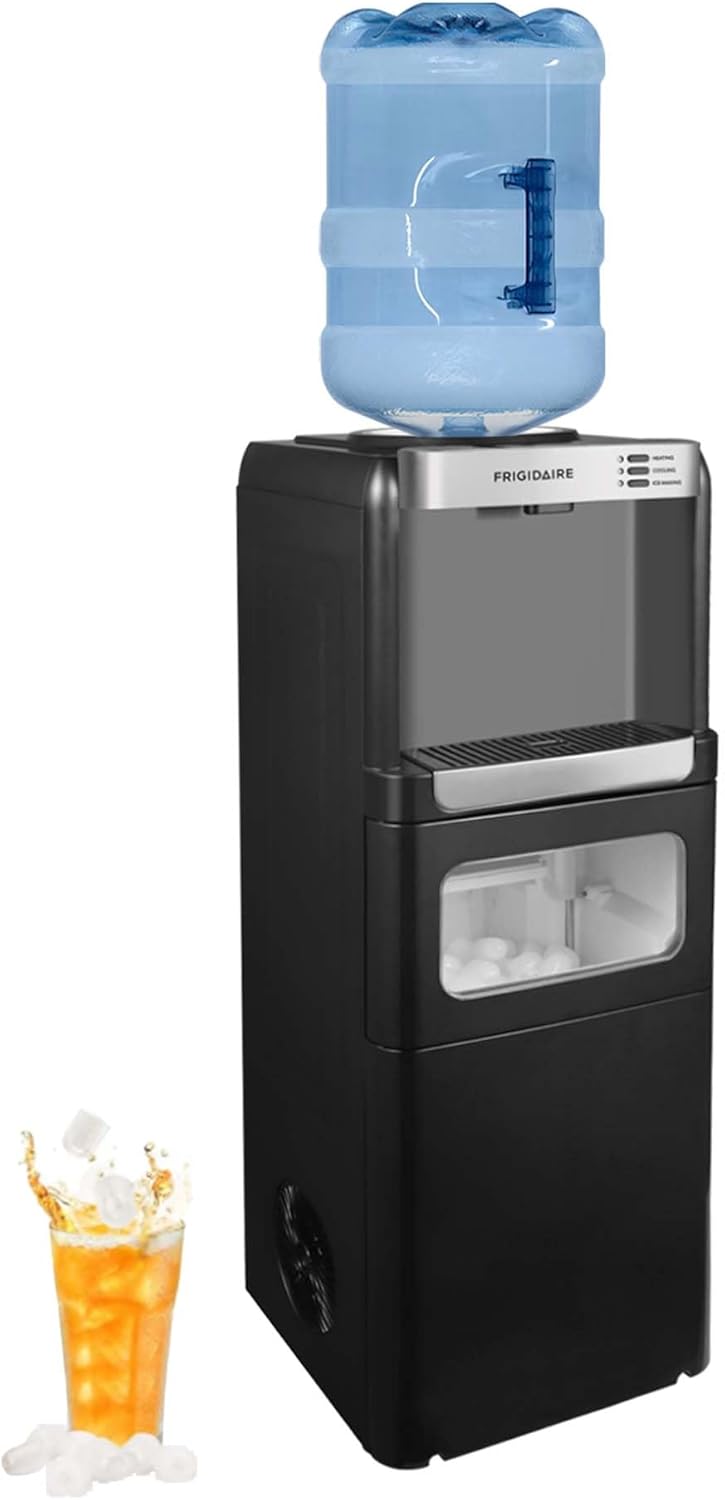 Frigidaire 3-in-1 Ice & Water Machine – Hot or Cold Top-Load Water Cooler Dispenser for 5 Gal Bottle – Built-in Bullet Ice Maker – Compact, Black