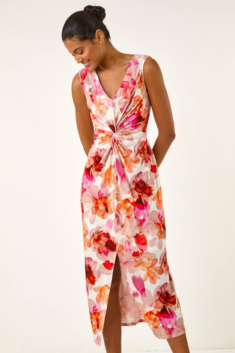 Roman Floral Print Twist Front Midi Dress