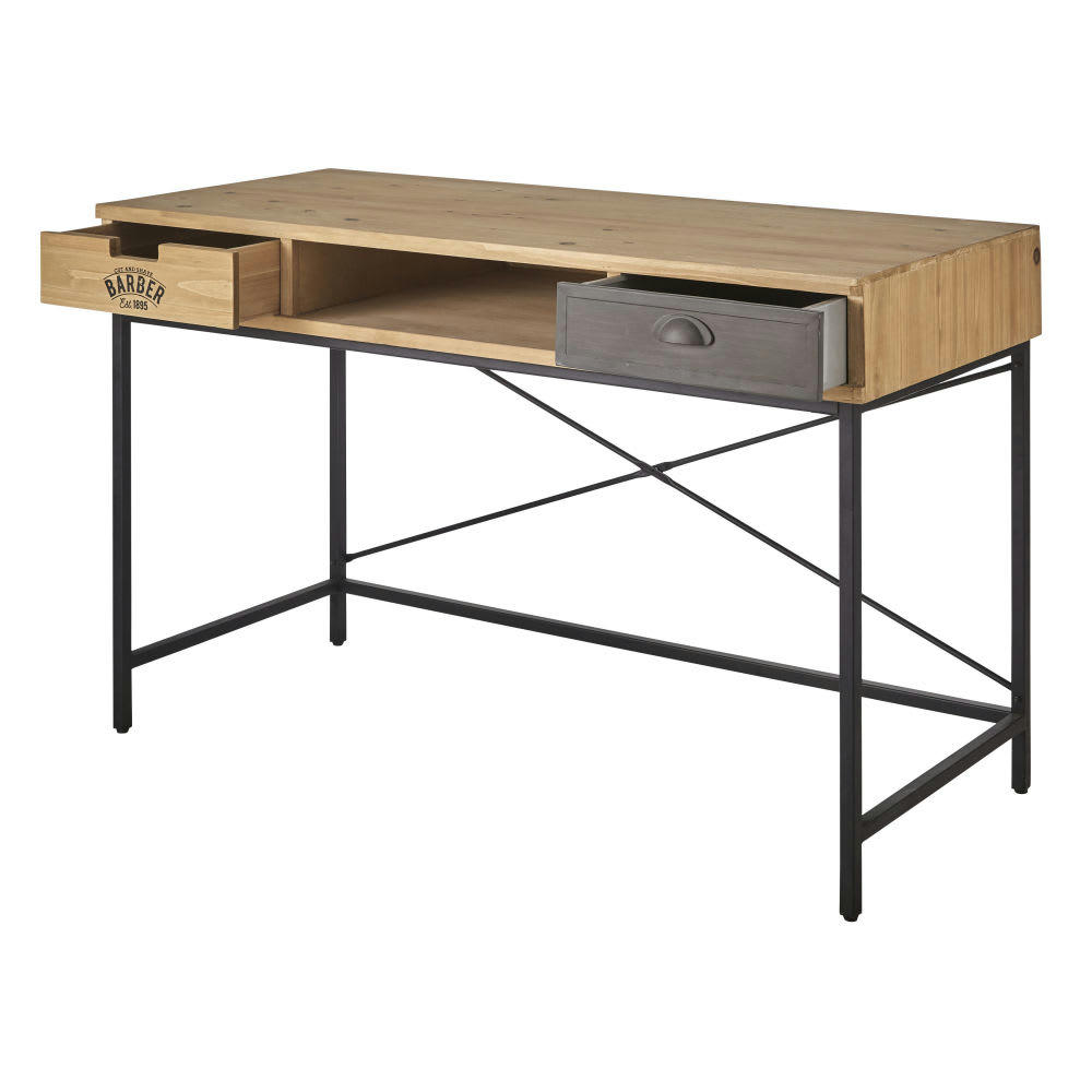 Harvey - Bureau industriel 2 tiroirs en bois de sapin massif et métal noir