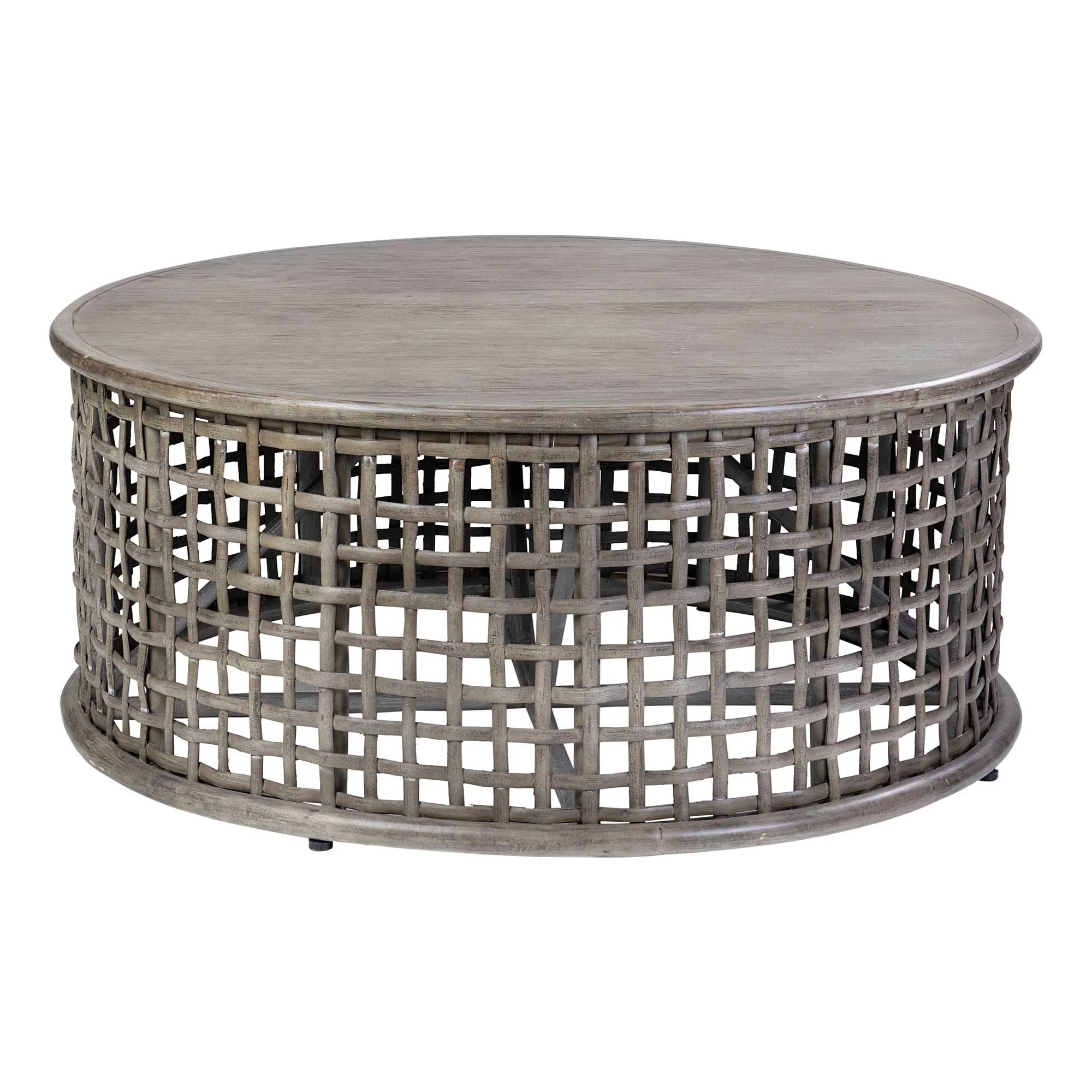 Grey Solid Wood Rattan Round Coffee Table by East at Main