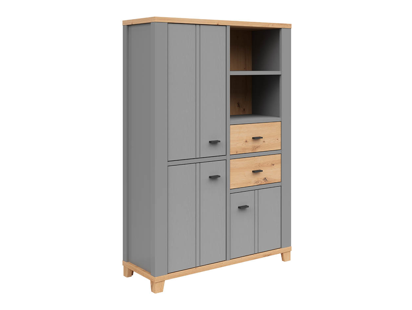 Regał Hygge 95 cm z 3 drzwiami 2 szufladami i 2 półkami szary/dąb artisan