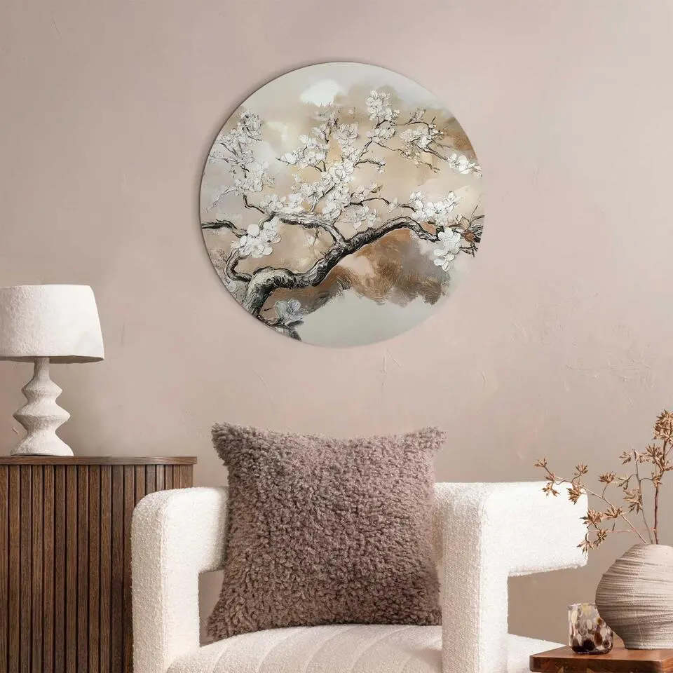 Glasschilderij Boom in bloei - &Oslash; 50 - Beige