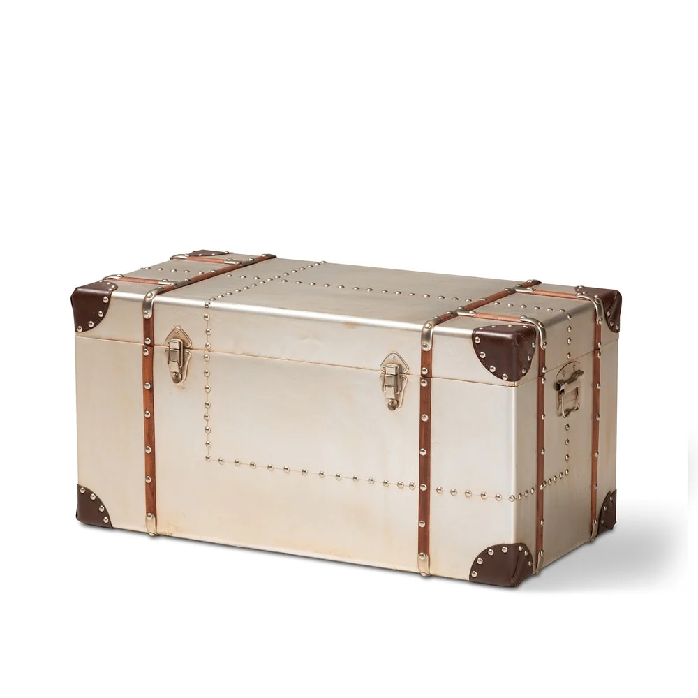 French Industrial Silver Metal Storage Trunk