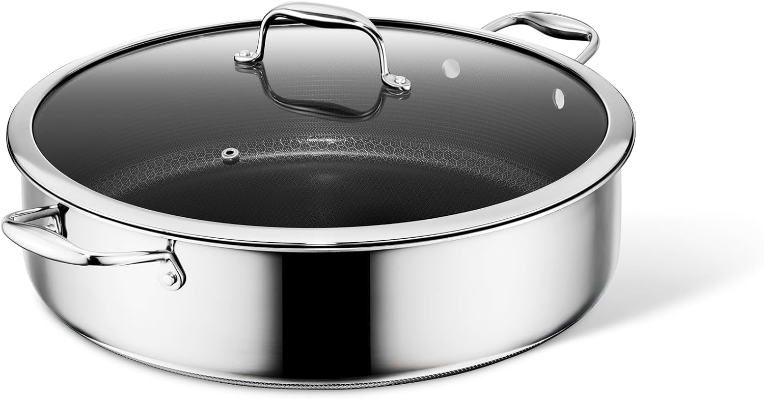 HexClad Hybrid Nonstick 10-Quart Deep Sauté Pan with Tempered Glass Lid, Stay-Cool Handle, Dishwasher-Friendly, Oven-Safe Up to 900°F, Induction Ready, Compatible with All Cooktops