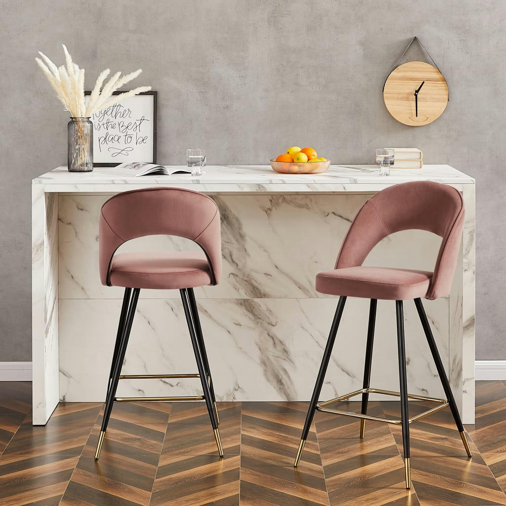 BASILE - Lot de 2 tabourets en velours vieux rose piètement noir et doré