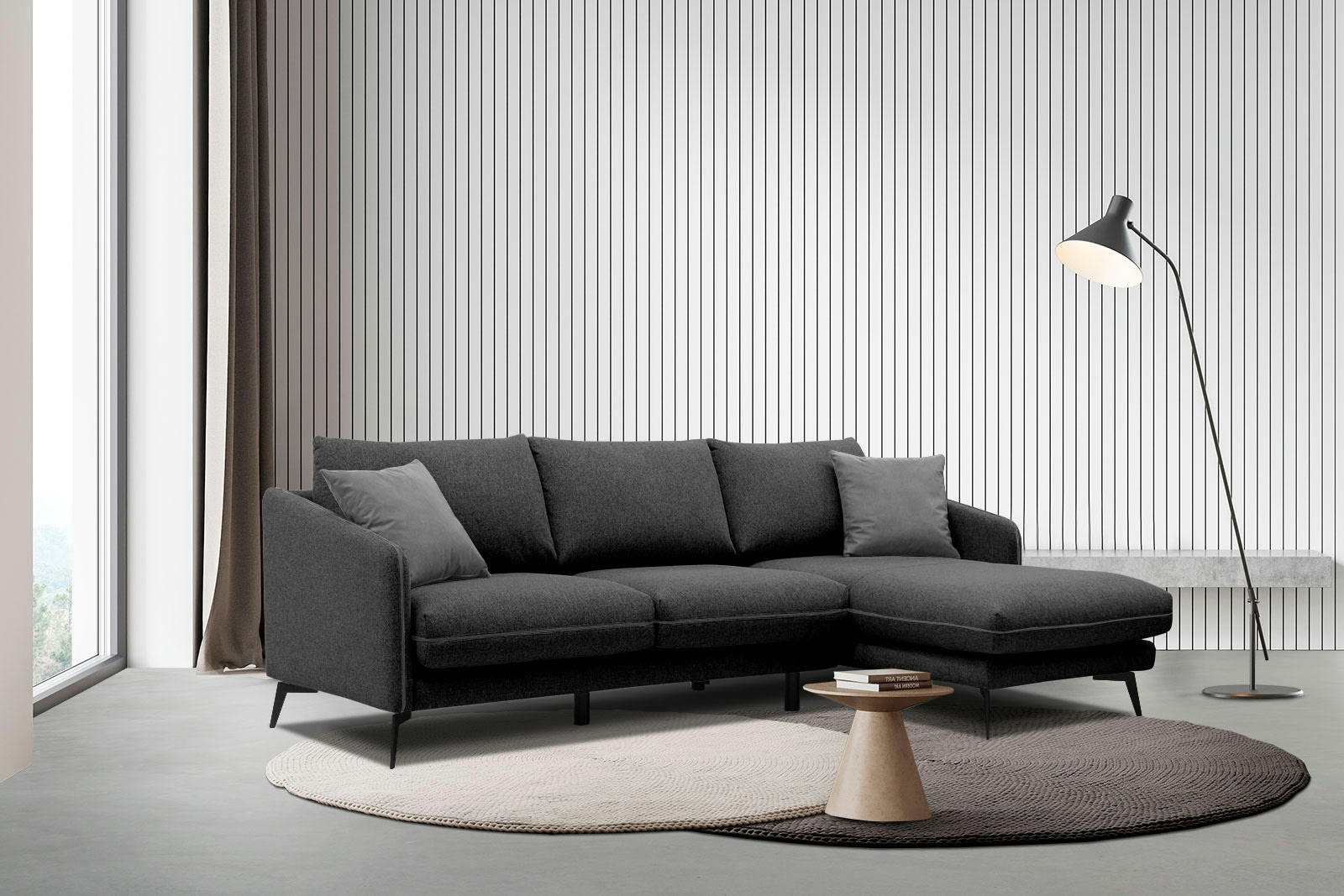 SOGEL - Canapé d'angle droit 4 places tissu noir