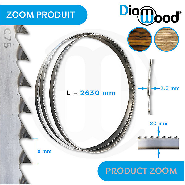 Lame de Scie à Ruban Bois PAE Réaffûtable 2630 x 20 x 0,6 x 8 mm - Acier C75 - Diamwood