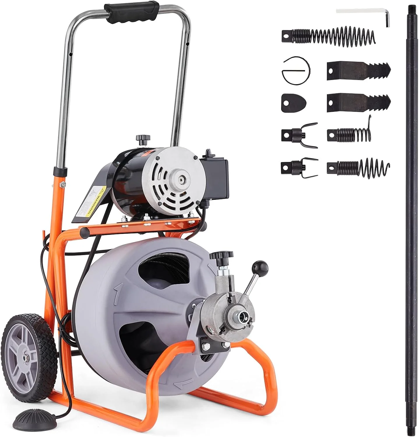 75FT x 3/8 Drain Cleaning Machine, Automatic Feed with Roller Winch, Portable, 8 Cutters  Pneumatic Foot Switch, For 2-4 Pipes