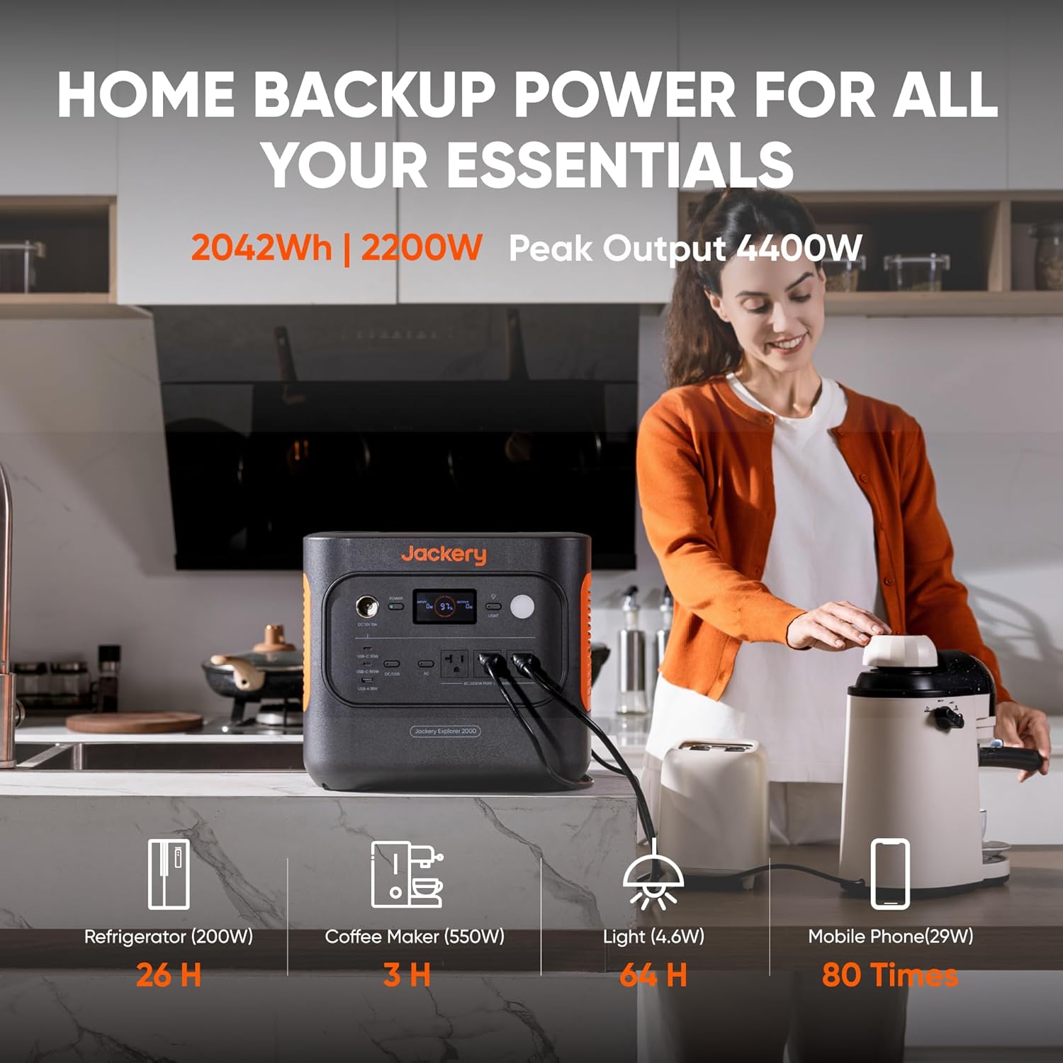 Jackery Explorer 2000 v2 Portable Power Station  2042Wh LiFePO4 Home Backup Battery  2200W Solar Generator  USB-C PD 100W Fast Charging for Emergencies  Power Outages  Camping(Solar Panel Optional)