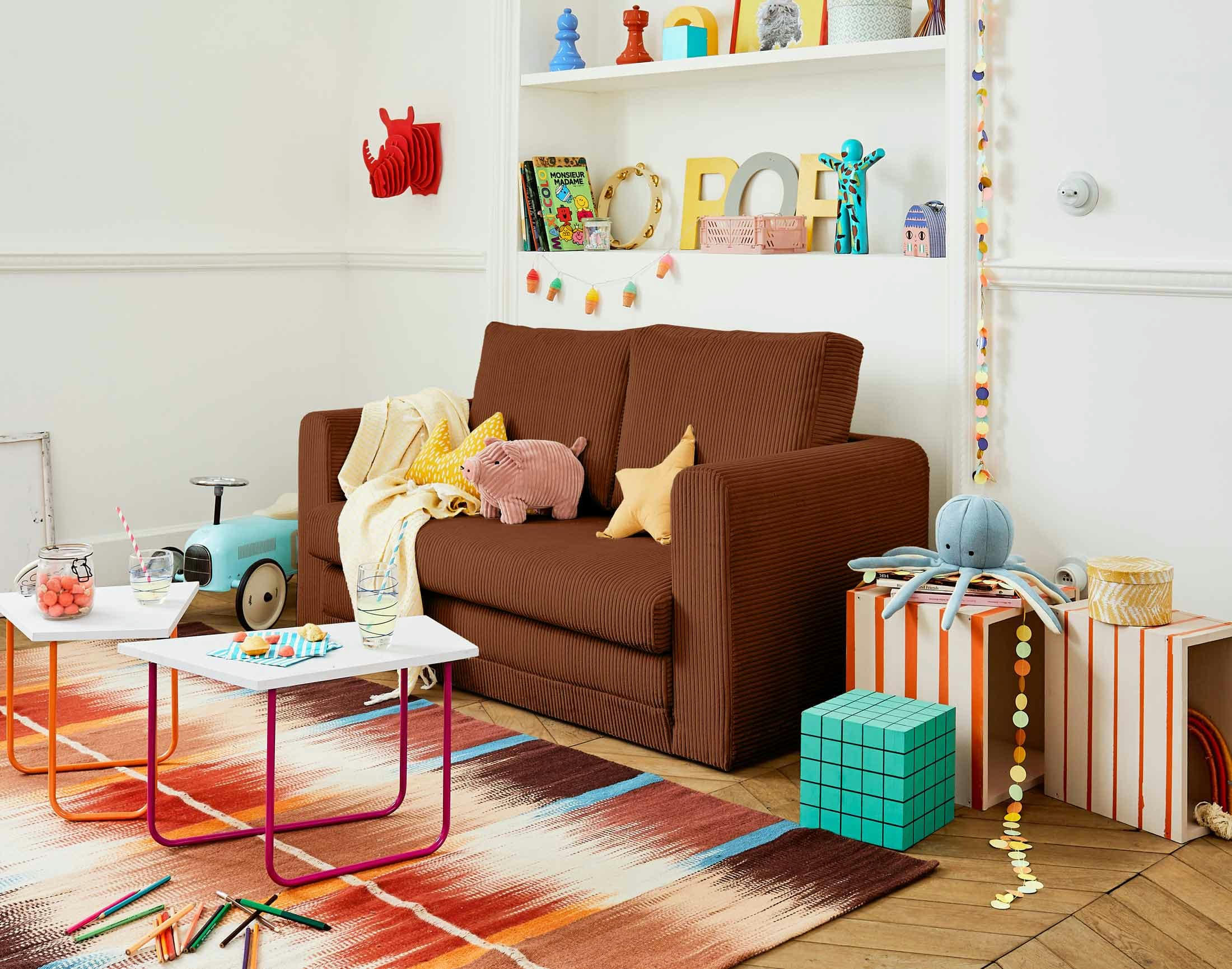 MARILIA - Canapé droit convertible 2 places en velours côtelé terracotta