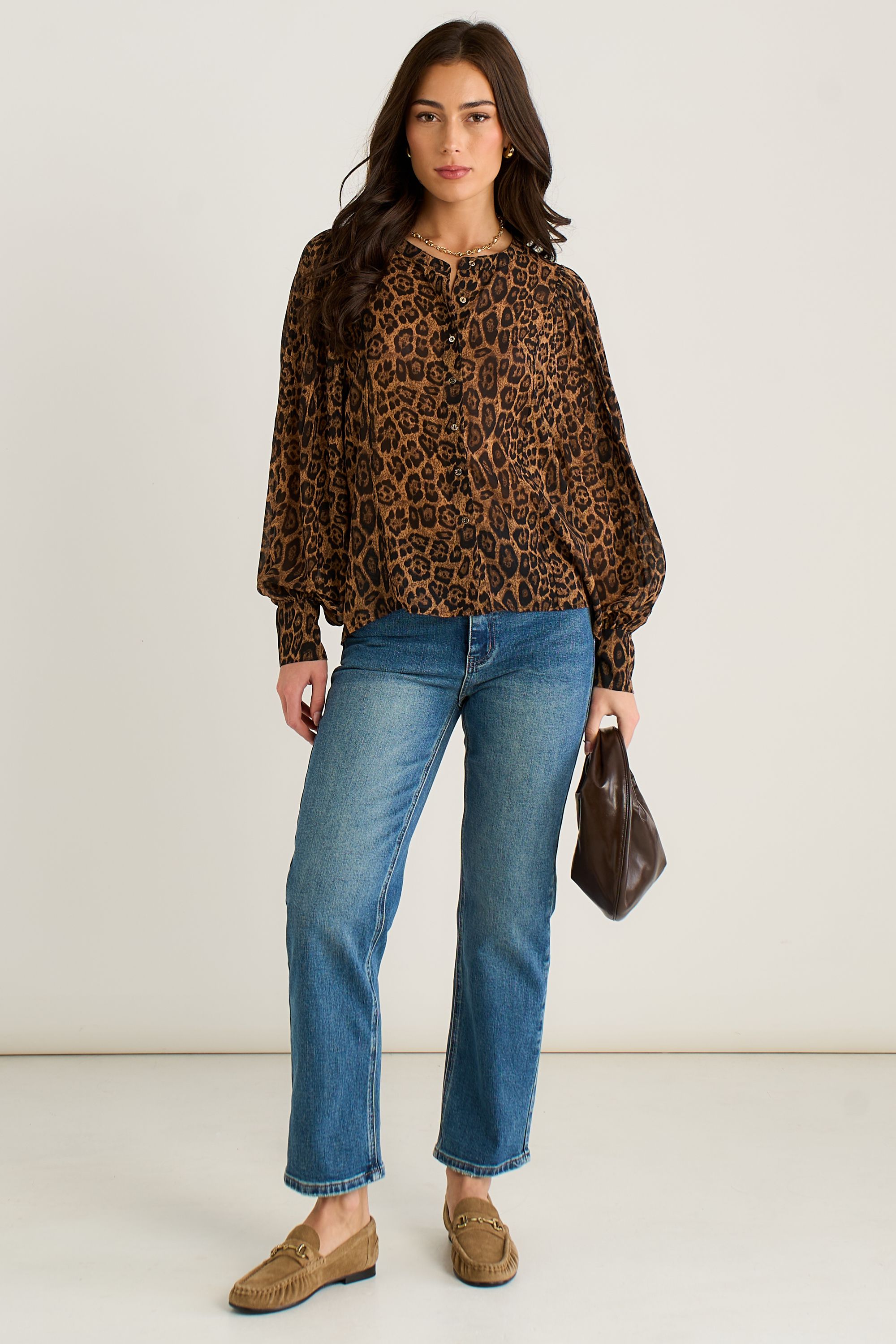 Gini London Brown Chiffon Animal Print Pleated Shift Shirt Blouse