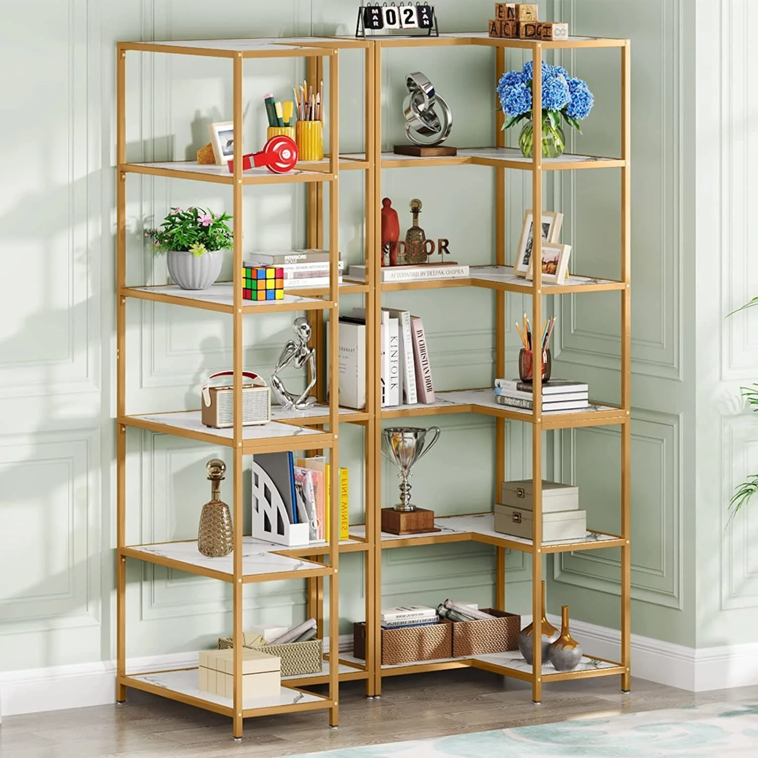 6-Shelf Corner Bookshelf, 70.9 Tall L-Shaped Corner Bookcase Large