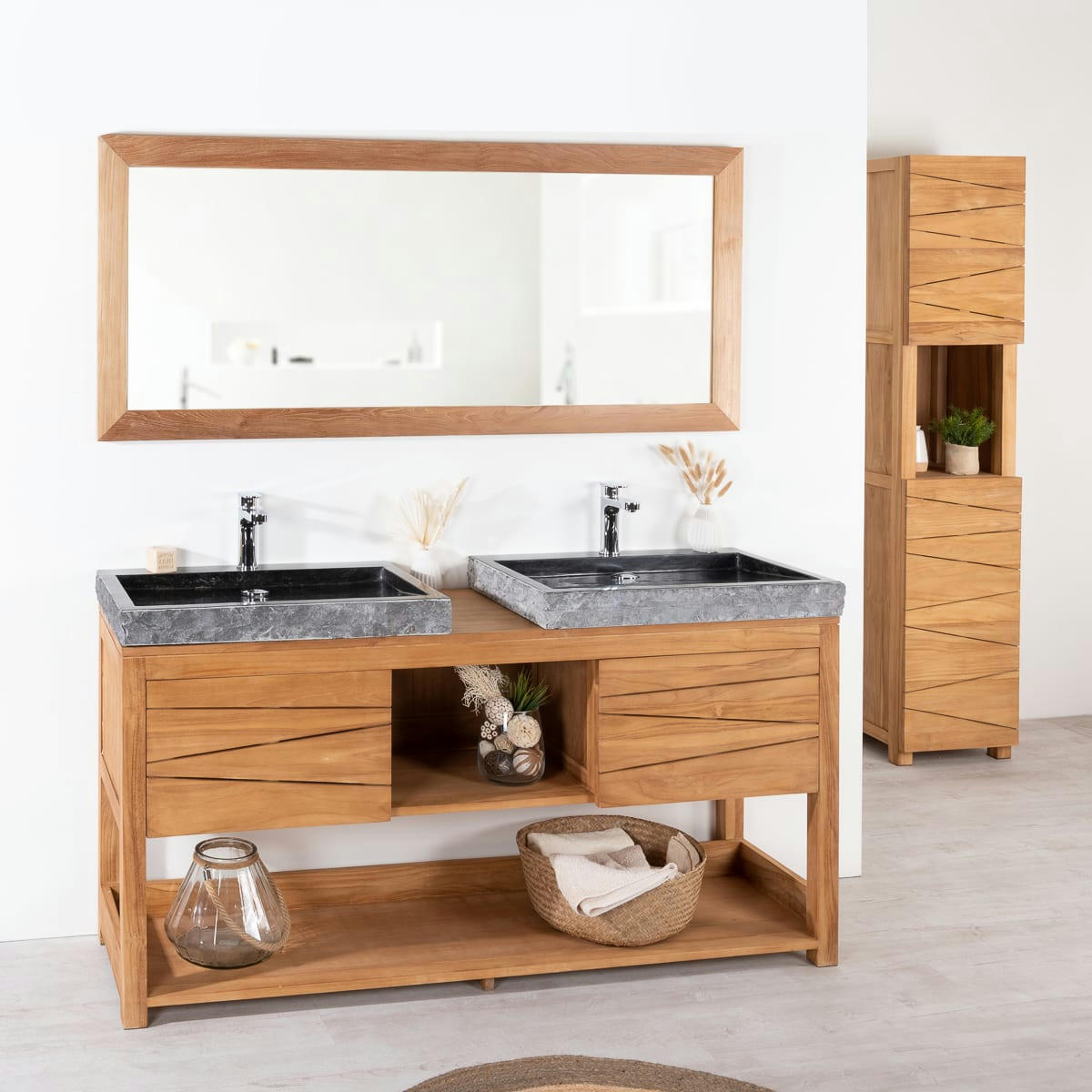 - Meuble double vasque en teck et 2 vasques noir L160cm