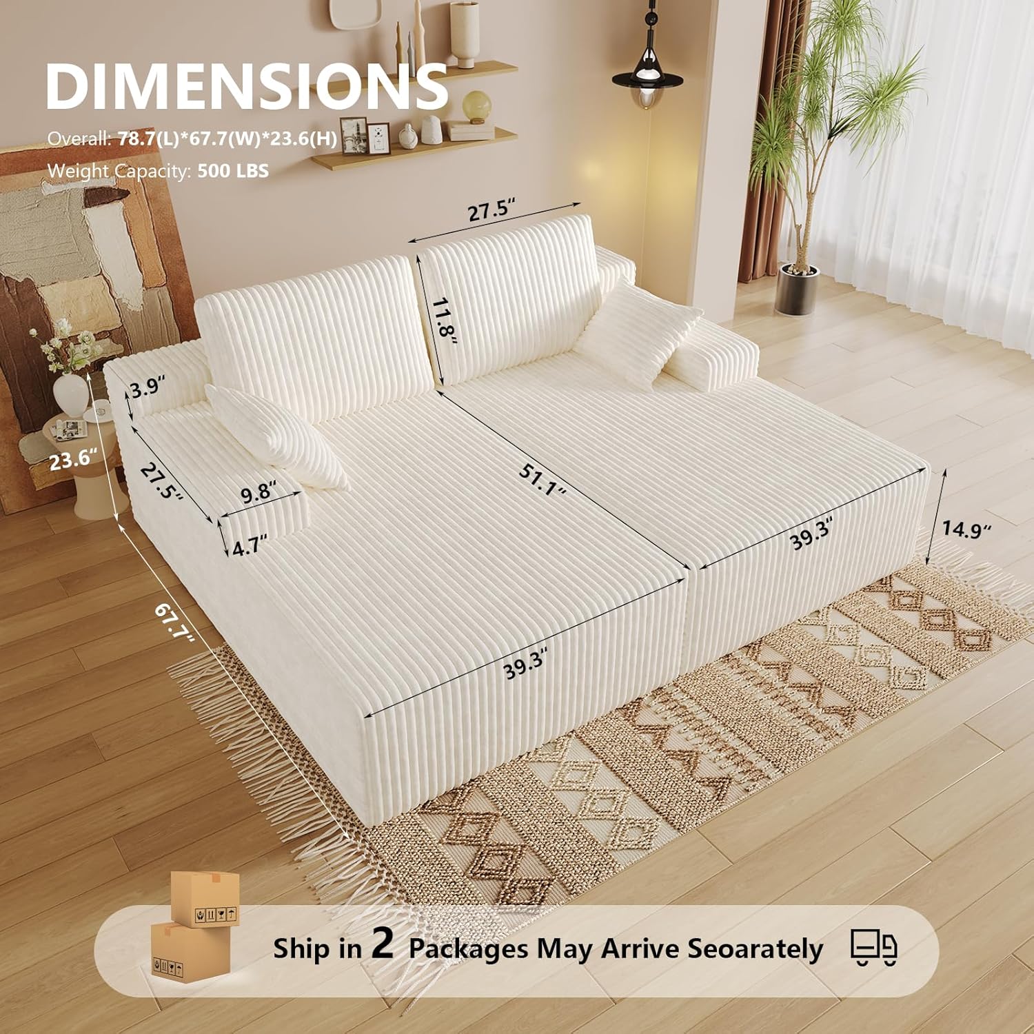 Oversized Double Chaise Lounge Chair Indoor, Sleeper Sofa Couch Bed White Comfy Detachable Flannel Fabric Recliner Bed Upholstered with Throw Pillows for Living Room, Bedroom, Movie Gaming Room