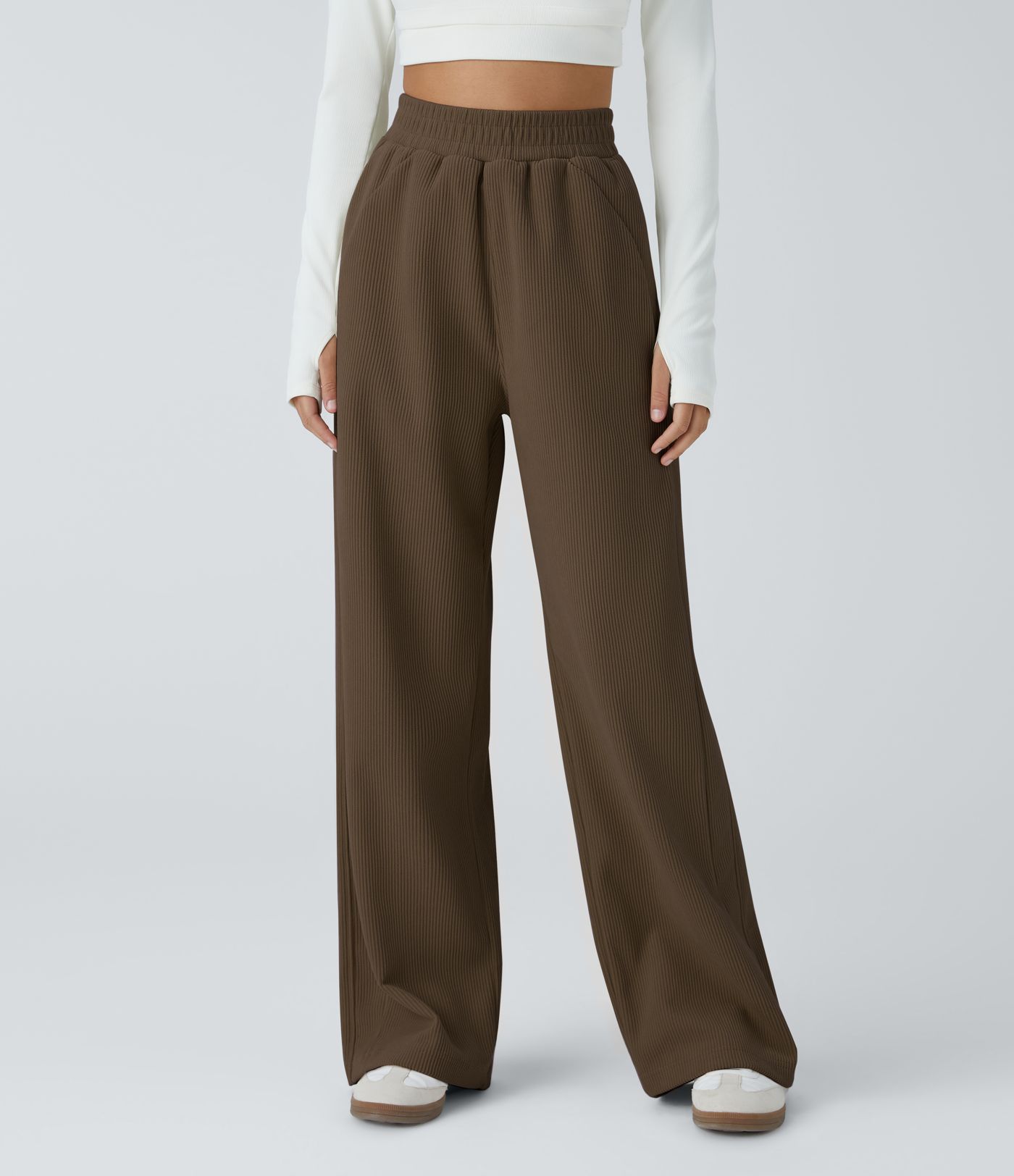 Pantalon velours côtelé de jogging décontracté à taille haute avec poches latérales