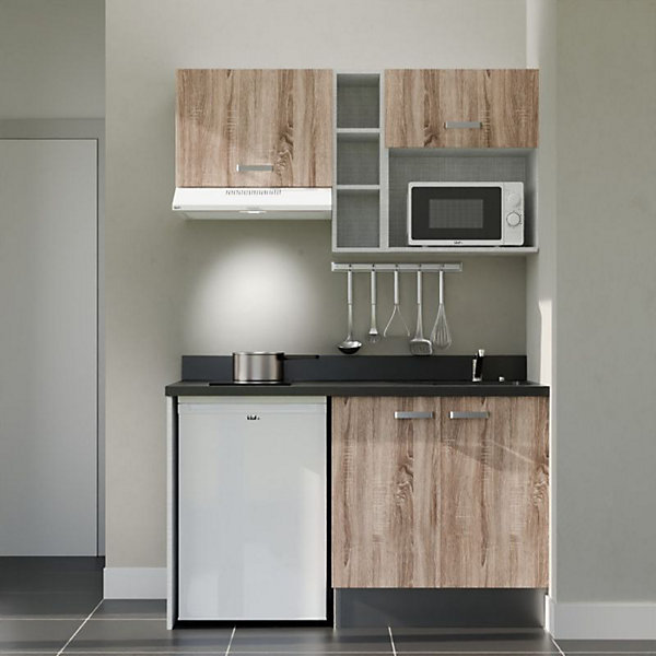 Kitchenette K13 - 140 cm - façades Bois - Plan monobloc en quartz coloris Nero évier à droite - Electroménager Blanc